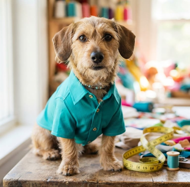 Medium eye-level shot of a unique breed dog, like a French Bulldog or Dachshund, wearing a custom-tailored vibrant teal shirt, bright natural daylight, sewing tape measure softly draped nearby.
