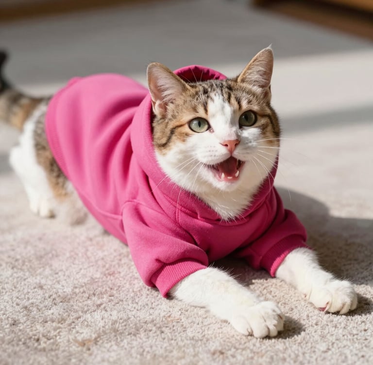Bright warm daylight close-up of a happy cat wearing a custom soft magenta hoodie, stretching comfortably on a rug, showcasing freedom of movement.