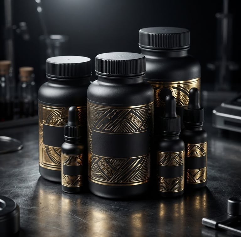 Sleek matte black supplement bottles with gold foil lettering arranged on a dark metallic laboratory table, sharp dramatic lighting, macro focus