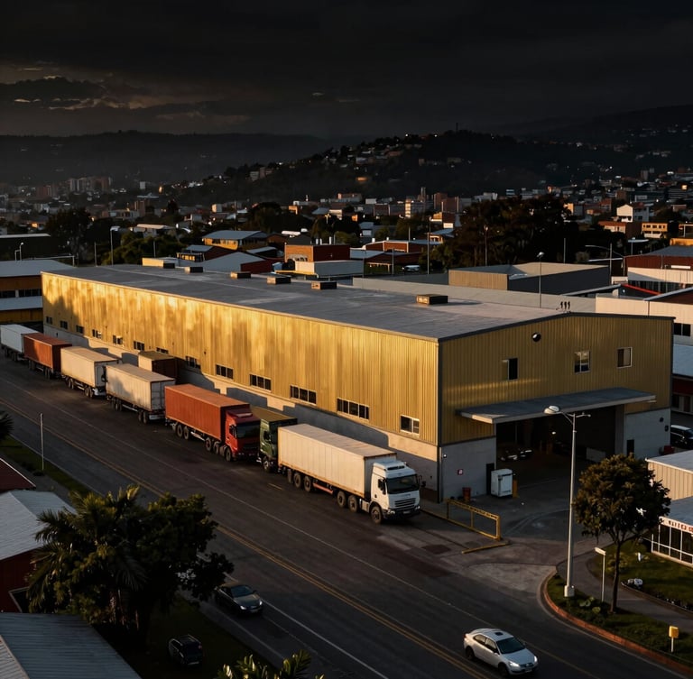 Vista aérea panorámica de un moderno centro de distribución industrial en Bogotá, Colombia, al atardecer, con camiones de carga y una carretera principal cercana. Iluminación dramática, alto contraste, reflejos dorados.