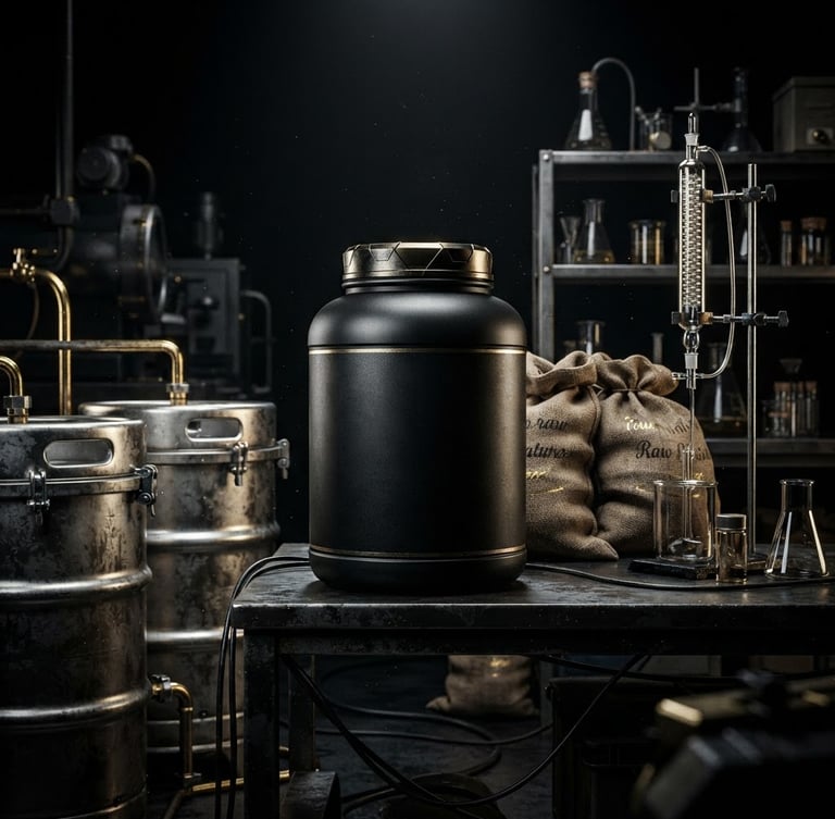 Gran envase de creatina monohidratada premium, rodeado por barriles industriales de acero inoxidable, sacos de materias primas y elementos de laboratorio modernos, todo con iluminación dramática y detalles dorados sobre fondo oscuro.
