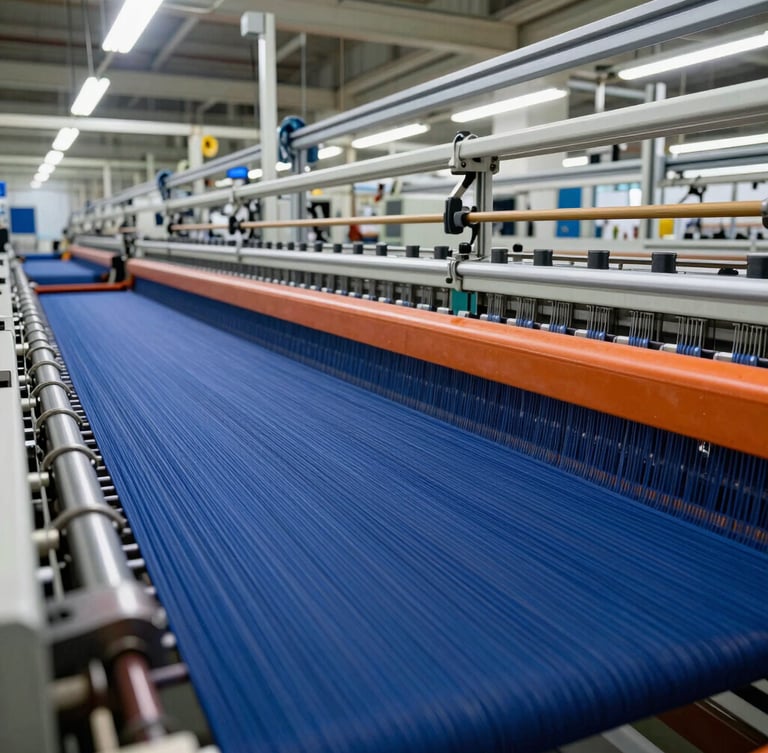 Wide angle shot of high-speed circular weaving looms inside a modern Egyptian manufacturing plant, blue and orange color accents, sharp industrial lighting.
