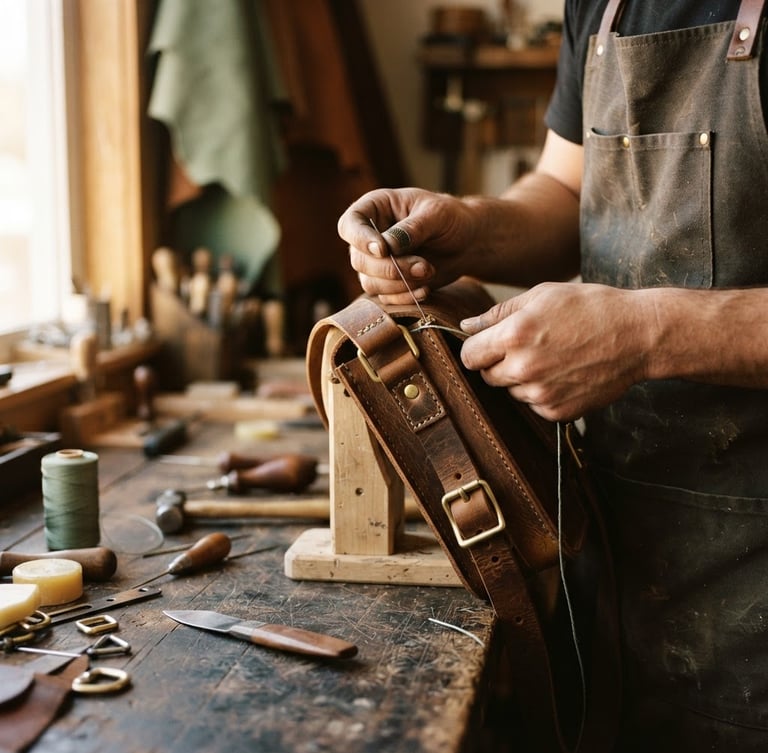 Close-up of hands working on a double-shoulder leather bag on a rustic workbench, warm low-contrast side-lighting, golden-hour window light, shallow depth of field, 35mm film.