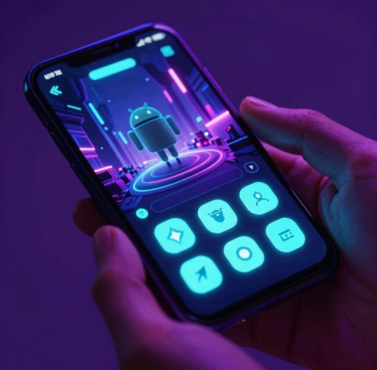 Tight macro shot of a modern Android phone held in hands, screen showing a vibrant neon-lit cyberpunk adventure game interface with glowing cyan controls.