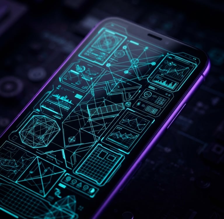 Sleek dark-mode smartphone mockup displaying a high-contrast neon cyan vector wireframe UI, sharp violet rim lighting on dark background, macro lens
