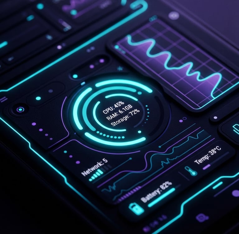 Sleek dark-mode Android smartphone interface showing a minimalist system dashboard, dramatic neon cyan rim lighting, high-contrast violet tones, tight macro shot, sora-ibm-plex style