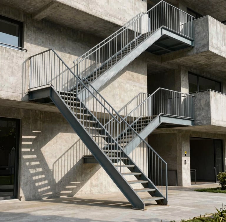 Dramatic side-lit architectural shot of a monumental floating steel staircase in a concrete residential space, crisp daylight casting sharp shadows.