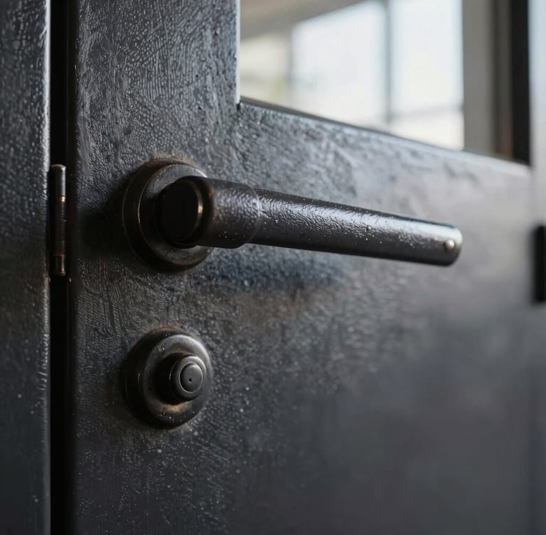 Extreme close-up of a monumental blackened steel door handle, showing raw hot-rolled scale texture and crisp mitered joints, dramatic side-lighting from a high window.