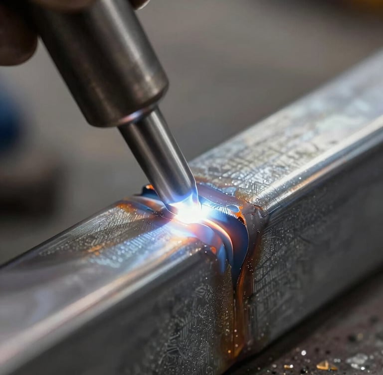 Macro close-up of a flawless TIG weld on raw hot-rolled steel, high-contrast side-lighting highlighting the millimetric precision of the joint.