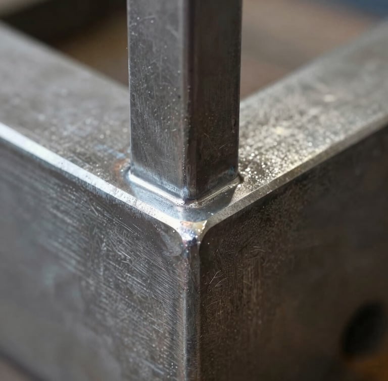 Extreme close-up of a razor-sharp mitered steel corner joint, industrial TIG weld ground flush, natural workshop light highlighting raw metal texture.