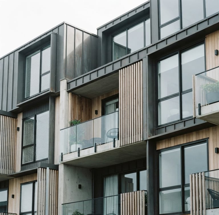 Crisp architectural crop of a modern multi-family property facade under bright natural overcast daylight, sharp focus, desaturated cool tones, 35mm.