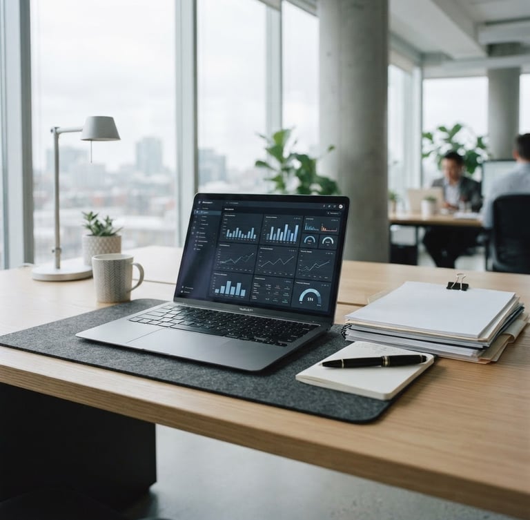 Wide panoramic shot of a modern, uncluttered accountant's desk, sleek laptop open to a financial dashboard, a few organized documents, and a pen, bathed in bright natural overcast daylight, sharp focus, 35mm.