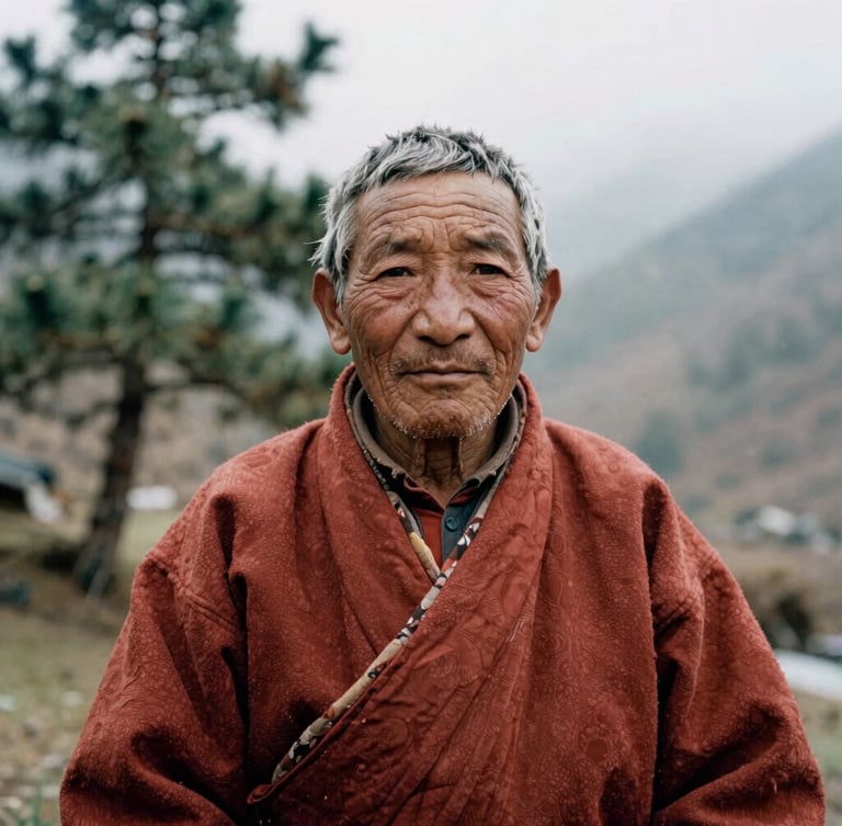 Intimate portrait of an indigenous Himalayan elder in traditional woolen attire, weathered face reflecting decades of mountain life, soft natural overcast mist lighting, rich textures, 35mm film.