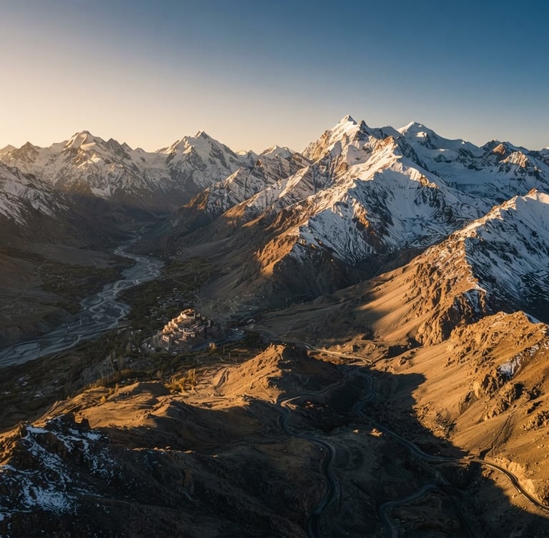 Dramatic wide-angle drone shot of snow-capped Himalayan peaks in Ladakh, sharp ridges casting long shadows under natural high-altitude golden hour sunlight, 35mm film style.