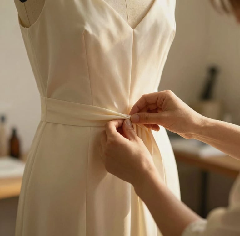 Close-up of hands carefully pinning a cream silk dress on a tailor mannequin in a sunlit studio, warm golden hour light, shallow depth of field, minimalist aesthetic