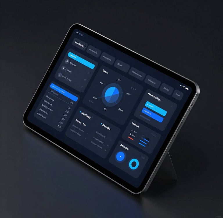 Sleek isometric mockup of a dark-mode dashboard on a modern tablet screen, electric blue UI elements, high-contrast studio lighting, dark background, sharp focus
