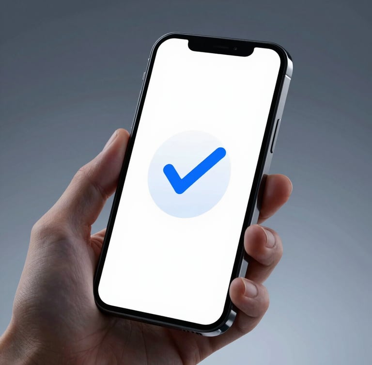 Close-up macro of a hand holding a modern smartphone showing a successful payment confirmation screen with an electric blue checkmark, cool studio lighting, high contrast
