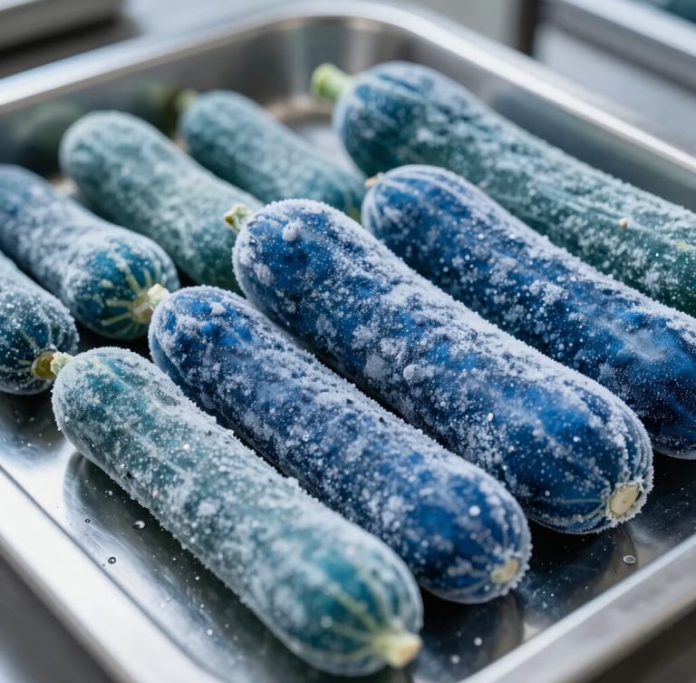 Crisp studio food photography of frozen premium vegetables in a stainless steel professional kitchen, bright cool-toned clinical lighting, sharp macro focus, 50mm