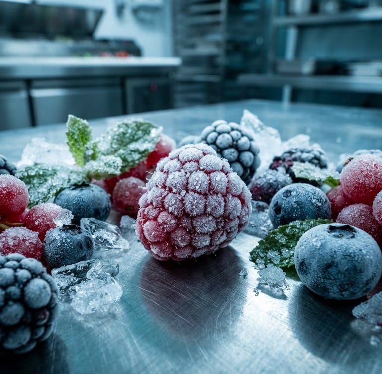 Macro studio shot of perfectly frosted premium frozen ingredients in a clean stainless-steel professional kitchen, bright cool-toned clinical lighting, crisp shadows