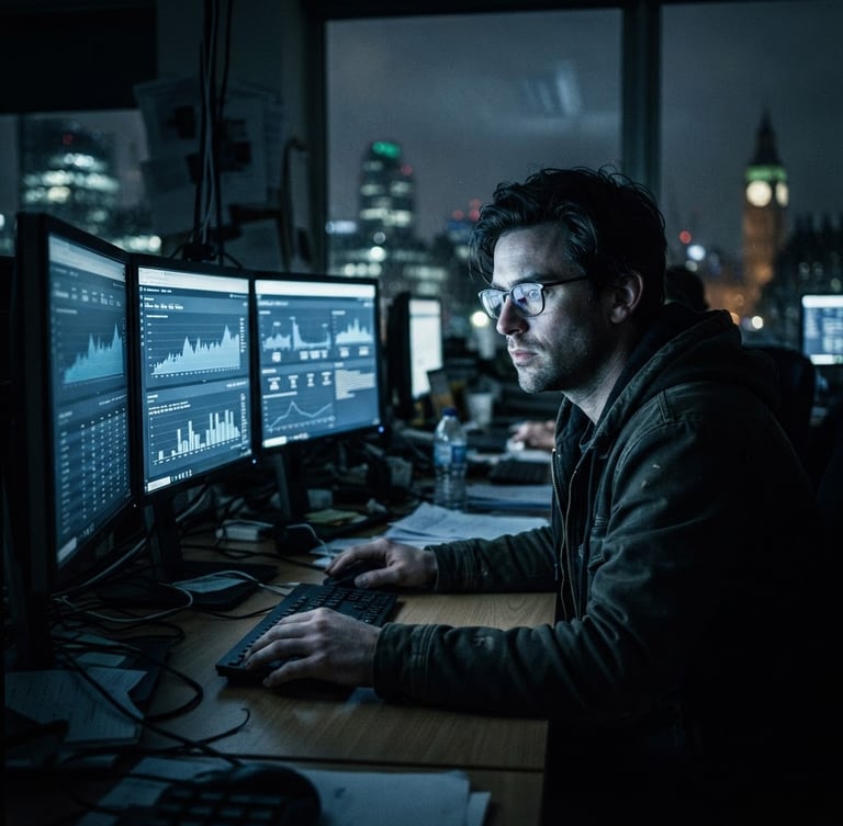 Gritty editorial photography of a dark London workspace, cool blue screen glow lighting a media buyer analyzing real-time performance dashboards, sharp 35mm lens, high contrast.
