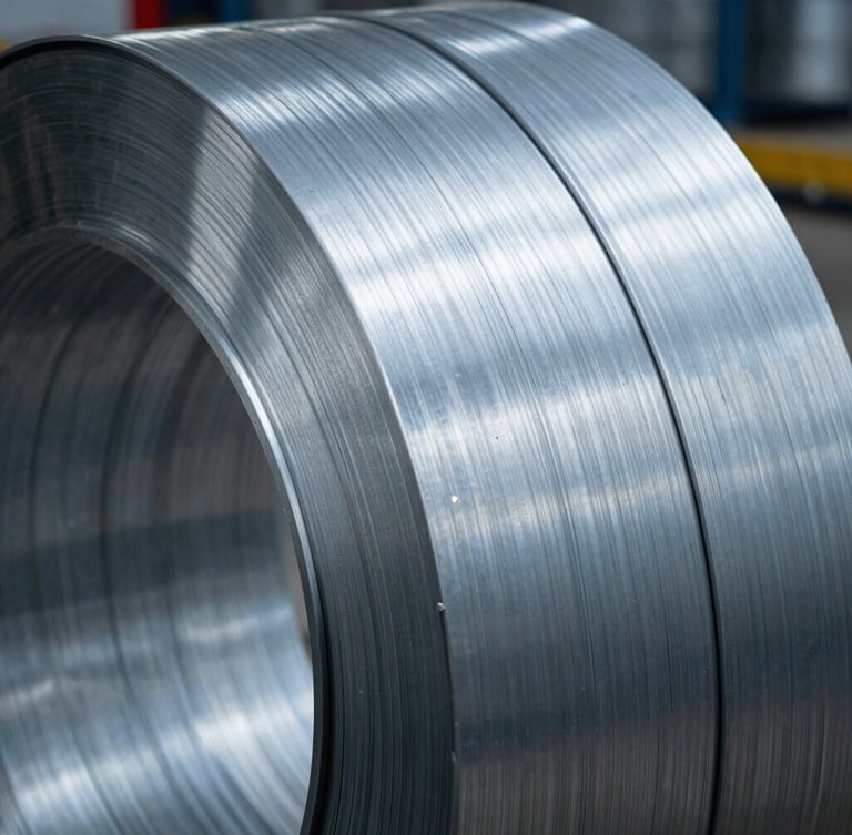 Extreme close-up of cold-rolled stainless steel coil, metallic silver textures, high-contrast industrial lighting with cold blue-gray tones, raw steel surface.