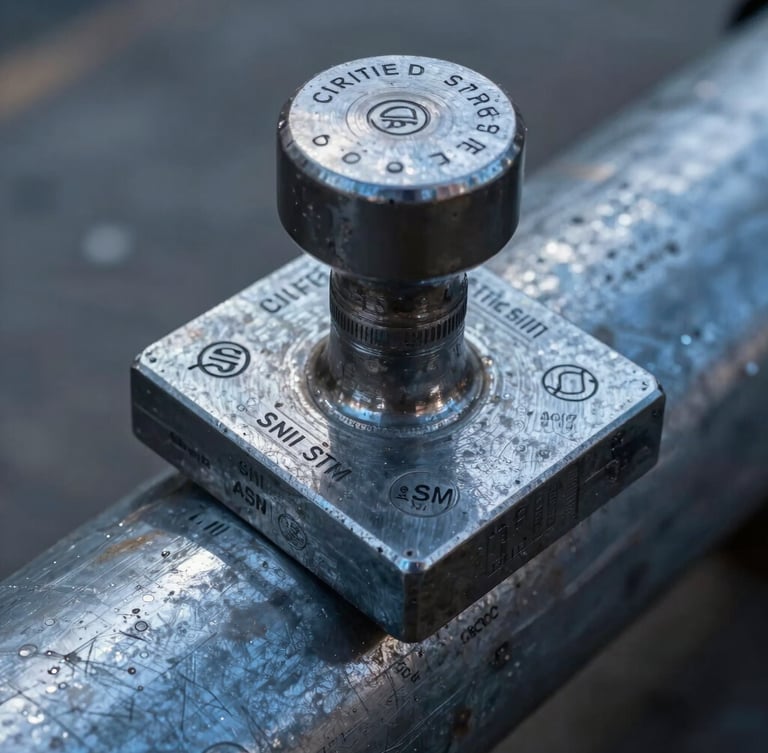 Extreme close-up of a mill stamp on a raw carbon steel pipe, showing certified SNI and ASTM markings, cold industrial blue-gray lighting, sharp metal texture.