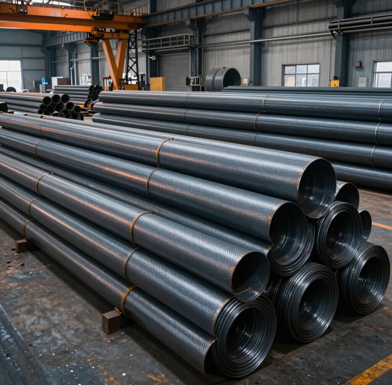 Wide angle shot of a massive industrial warehouse filled with neatly stacked heavy-duty carbon steel pipes and raw steel coils, cold blue-gray lighting with warm safety orange highlights, industrial crane in background