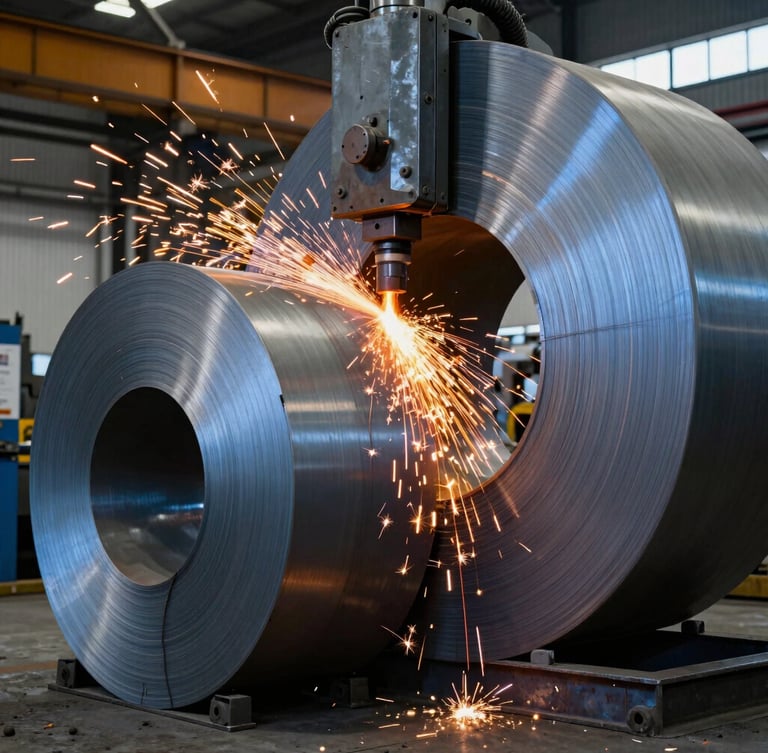 High-contrast industrial shot of a heavy-duty steel cutting machine throwing bright orange sparks against cold blue-gray raw steel coils in a massive workshop.
