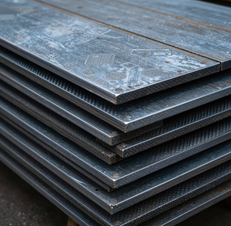 Extreme close-up of heavy-gauge raw carbon steel plates stacked in an industrial warehouse, cold blue-gray lighting, visible mill stamps and textures