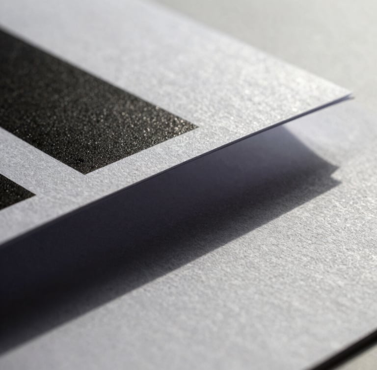 Macro crop of high-contrast printed brand collateral showing textured paper grain and a sharp geometric shadow cast under cool indirect daylight.