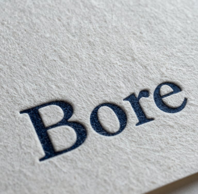 Extreme close-up of heavy cotton paper brand collateral showing rich tactile grain and deep debossed typography, cool lighting.