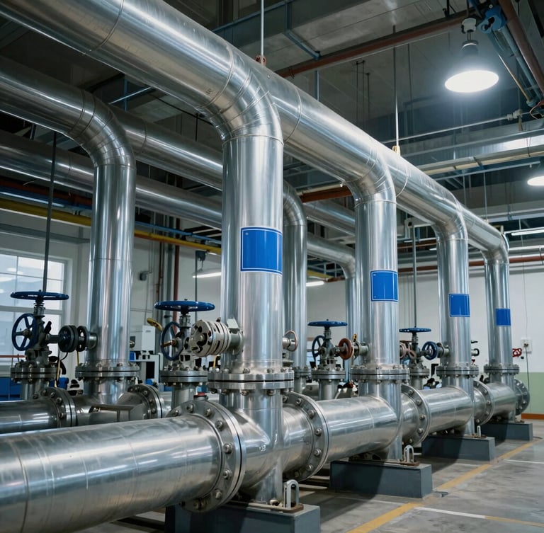 Heavy-duty mechanical plant room, massive insulated steel pipes with clean blue and silver labeling, industrial valves, cool architectural lighting.
