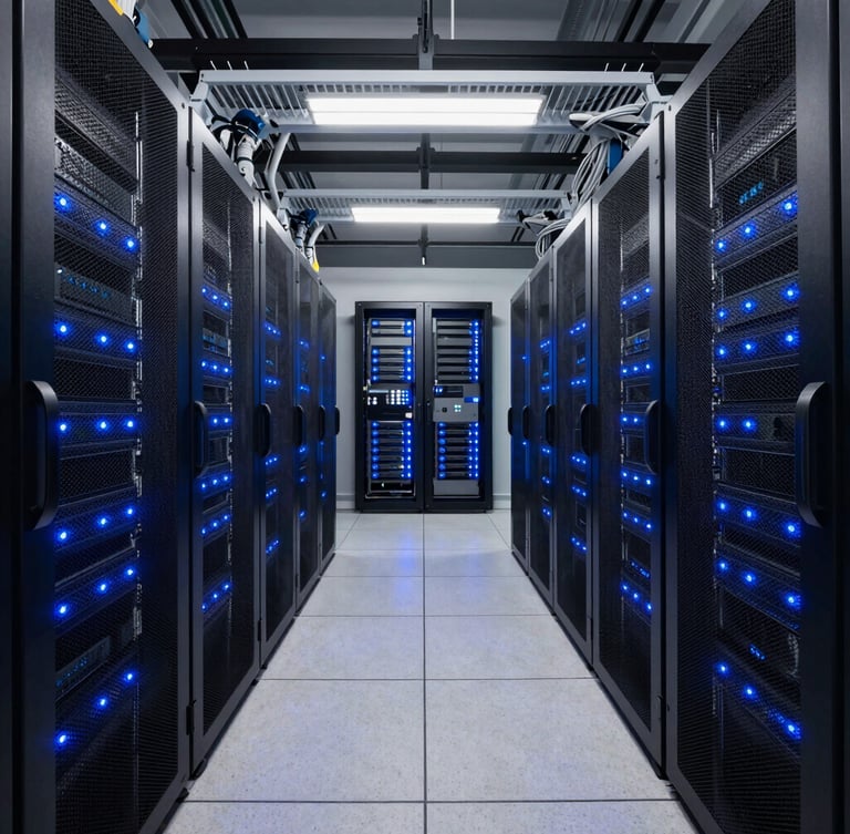 Pristine server racks in a modern data center, glowing blue LED indicators, clean overhead cable trays, symmetrical wide-angle perspective.