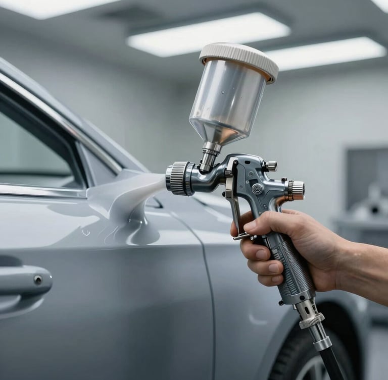 Close-up of a high-precision paint spray gun applying a flawless metallic grey coat to a car panel under bright, clean workshop LED lights.