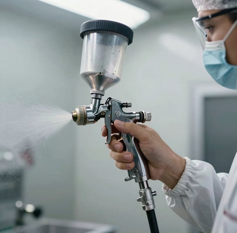 Close-up of a technician in a clean uniform using a high-precision spray gun inside a brightly lit paint booth, fine mist of metallic paint catching the LED light, pristine focus on the nozzle
