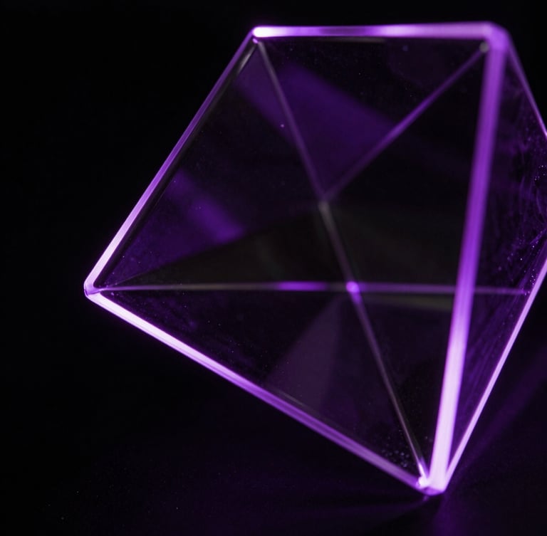 Extreme close-up macro shot of a sleek, dark glass geometric sculpture refracting intense violet light, sharp neon edge-lighting, obsidian background, low-key dramatic chiaroscuro.