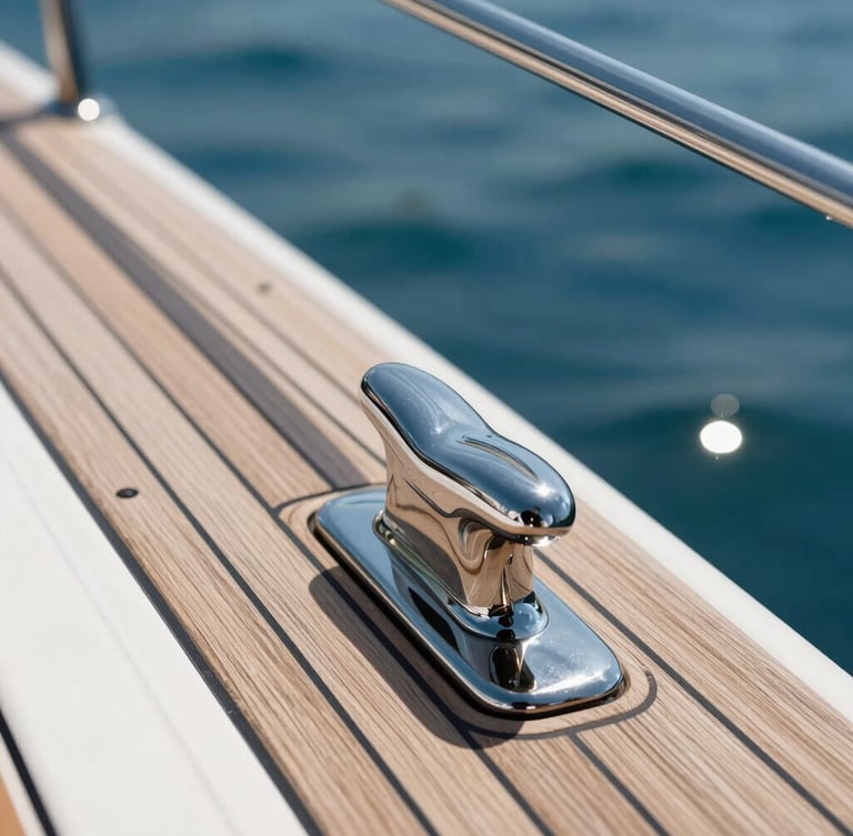 Macro close-up of a luxury yacht's gleaming chrome cleats and pristine teak decking, high-contrast midday sun reflecting off deep blue water.