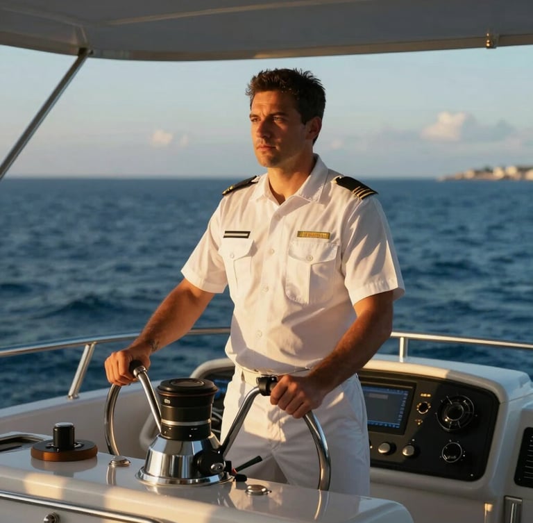 A professional yacht captain in a clean white uniform standing at the helm, warm golden hour light illuminating the modern dashboard and deep blue gulf water outside, cinematic framing.