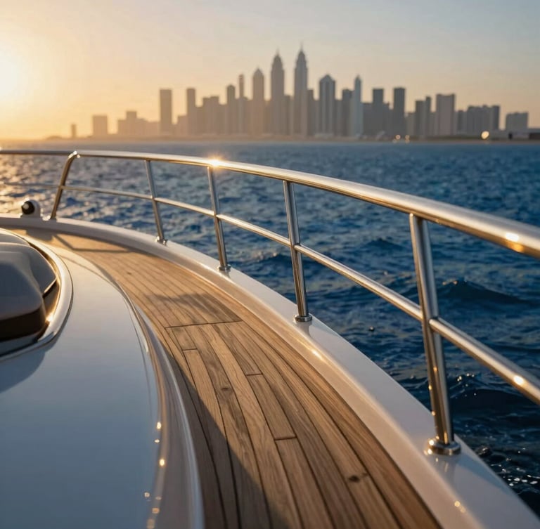 Gleaming teak deck of a luxury yacht cruising the deep blue Arabian Gulf at sunset, golden hour light reflecting off polished stainless steel railings, Dubai skyline softly blurred in the background.