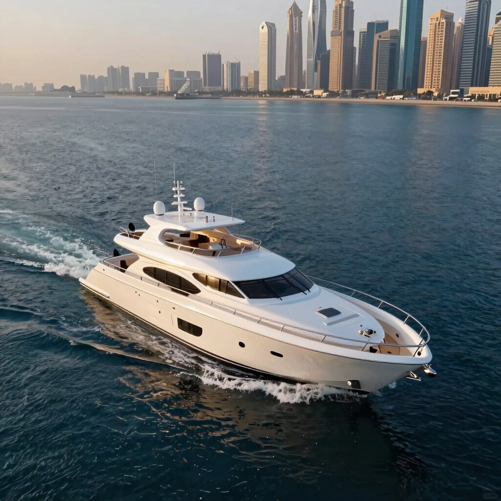 Heroic wide-angle drone shot of a pristine Sovereign superyacht cruising the deep blue Arabian Gulf at golden hour, polished white hull cutting through clean water, Dubai Marina skyline softly out of focus in the background.
