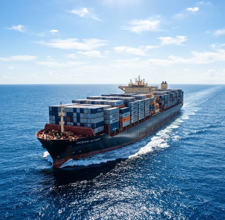 Wide-angle shot of a massive container ship loaded with blue and grey containers navigating open ocean under bright, high-key midday sun, crisp blue water.