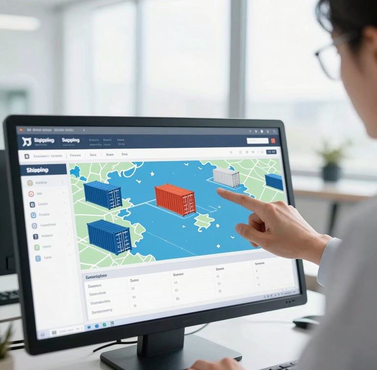 Close-up of a logistics coordinator analyzing a digital shipping dashboard with container tracking maps under bright office daylight, clean and professional.