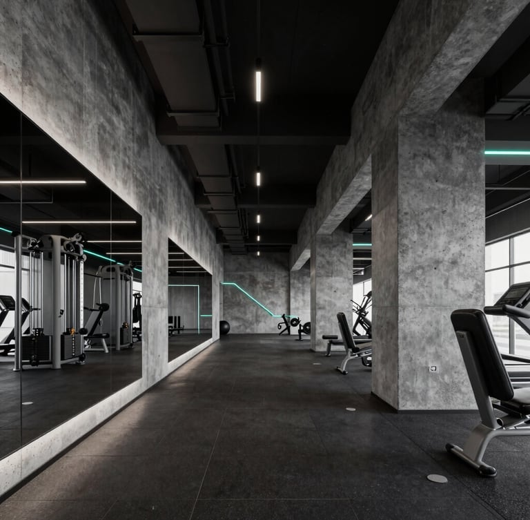 High-contrast architectural interior shot of a dark-mode premium athletic club, clean concrete lines, subtle electric-teal LED lighting accents, modern gym equipment visible in the background.
