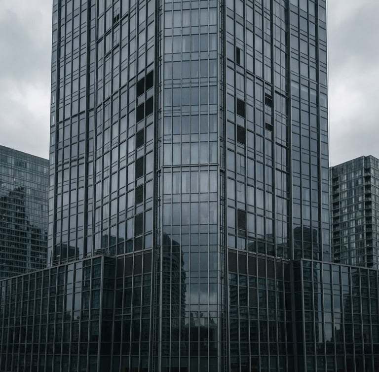 Wide architectural shot of a modern high-rise building facade, glazed curtain walls reflecting an overcast sky, cool desaturated steel and charcoal tones, sharp focus, 35mm