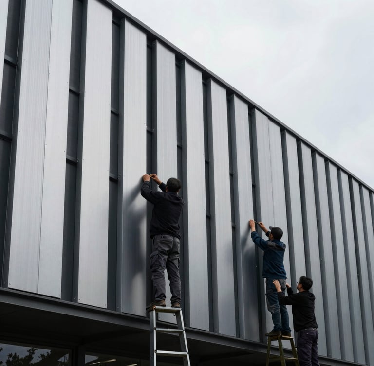 Skilled montage team members installing a structural aluminum facade panel on a commercial building, precise movements, cool overcast lighting, high-contrast shadows.