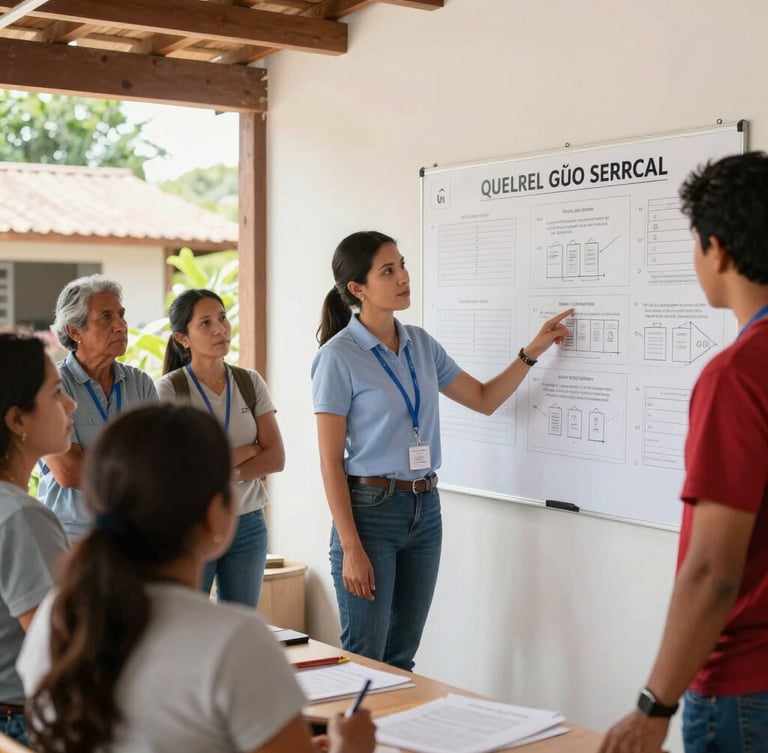 Bright editorial photography of a clean community workshop in Colombia, natural daylight, a professional coordinator pointing to a project board with community leaders, authentic setting, 35mm lens.