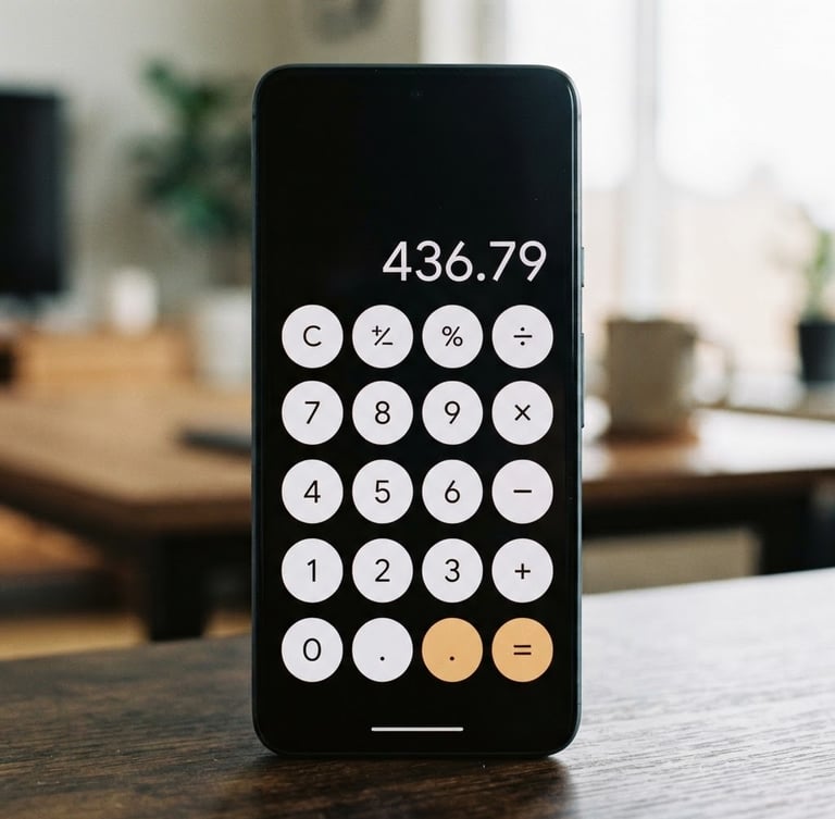 Minimalist tech photography, close-up of a modern Android phone screen displaying a clean, dark-mode calculator interface, natural ambient room light, shallow depth of field, 35mm