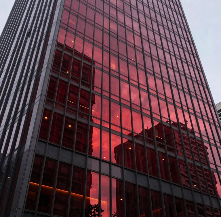 Wide-angle architectural shot of a modern glass skyscraper facade in São Paulo, sharp focus, deep crimson light reflections, high-end editorial style