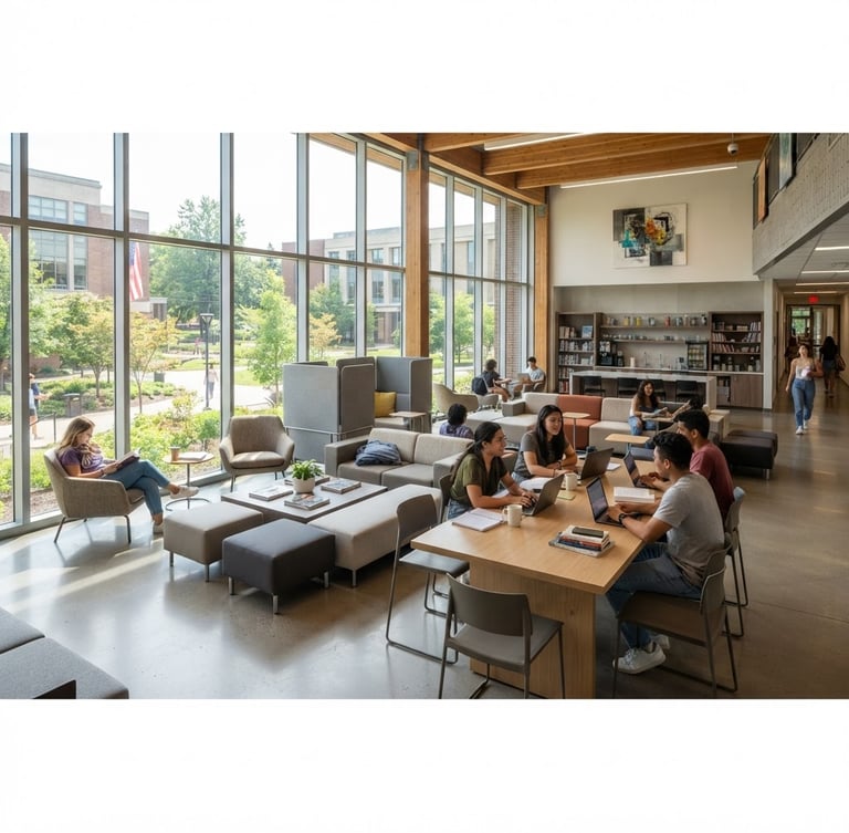 Bright natural daylight, a modern clean student dormitory common area with structured seating and large windows, professional institutional space, 35mm lens