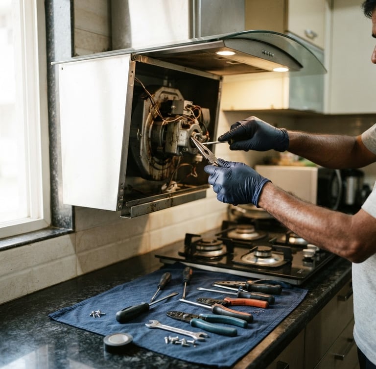 Close-up of a technician's hands expertly repairing a kitchen chimney motor, tools neatly arranged on a clean cloth, bright utility lighting, high-contrast industrial tones, 35mm, in a modern Mumbai kitchen.
